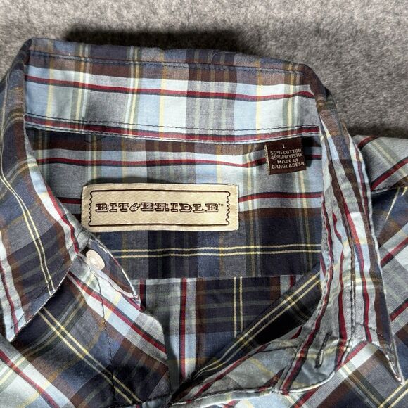 Bit & Bridle Shirt Men Large Black Red Plaid Short Sleeve Pearl Snap Flap Pocket - Picture 3 of 5